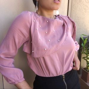 Zara Basic Pink Suede Pearl Long Sleeve Blouse